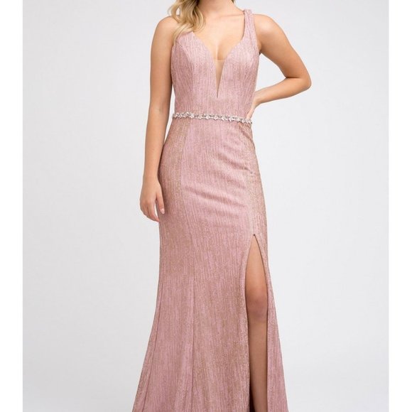 Blush Deep Neckline Sleeveless Leg Slit JT237